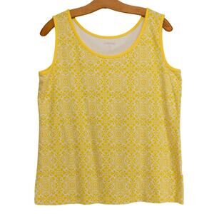 Women's Large LANDS END Sleeveless Shirt Yellow Floral Summer Cotton Tank Top
